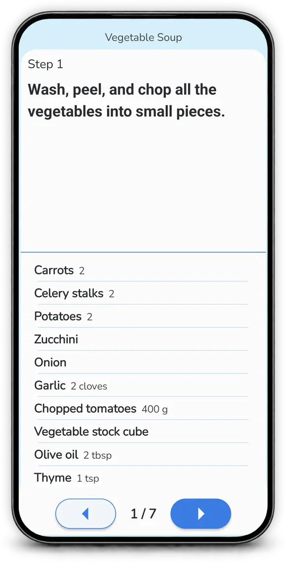 Step-by-step cooking mode on a phone, guiding you through a recipe in Mealz