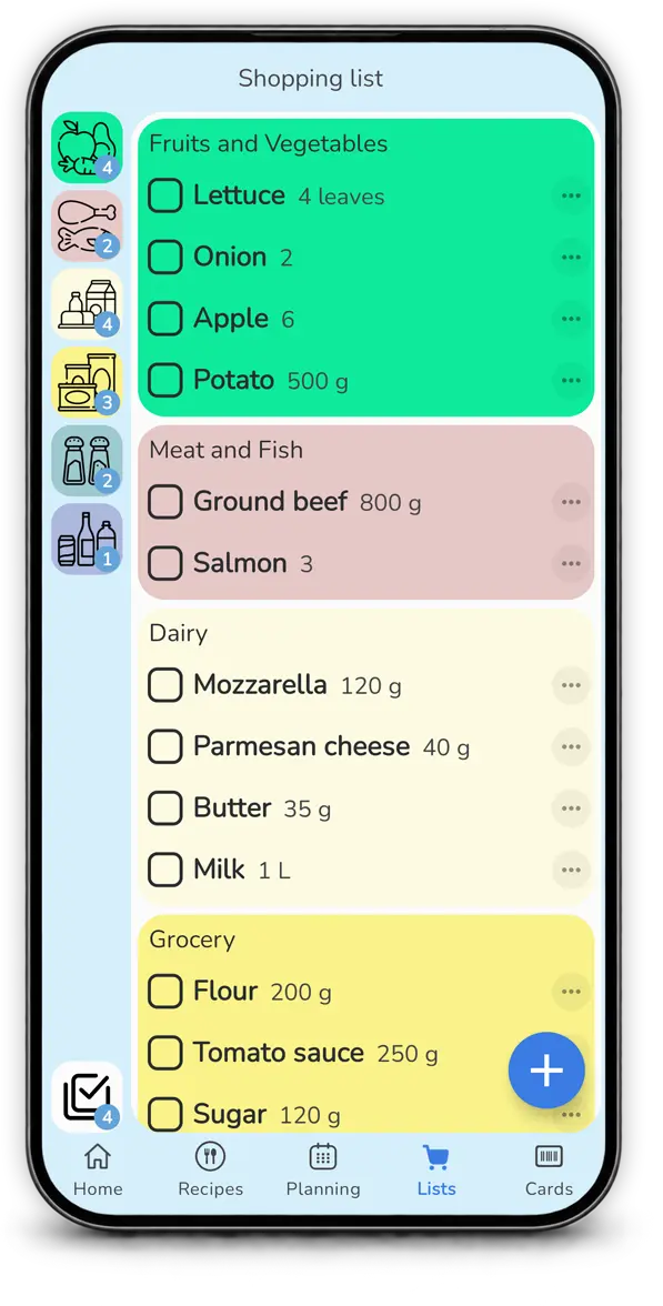 Grocery list organized by category in Mealz