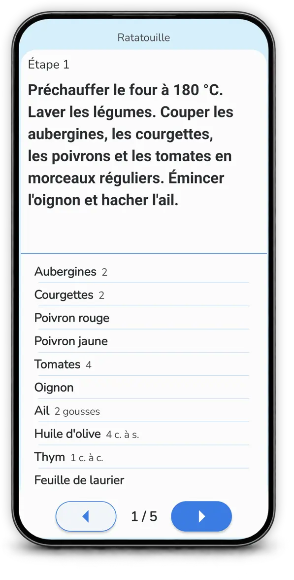 Mode pas à pas sur téléphone pour suivre les instructions d’une recette dans Mealz