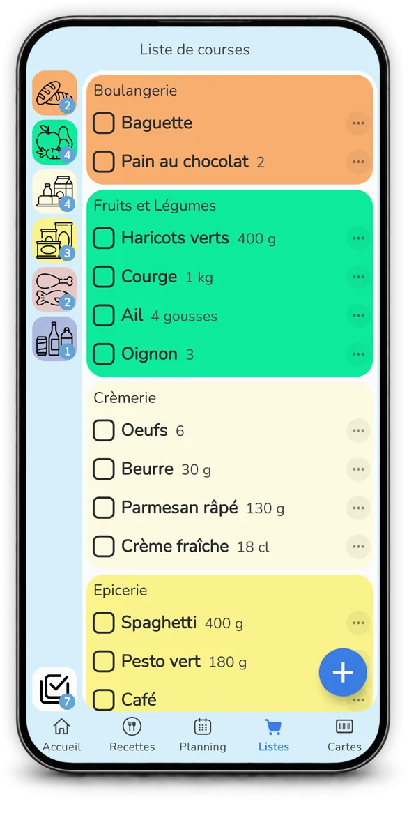 Liste de courses organisée par rayon dans Mealz