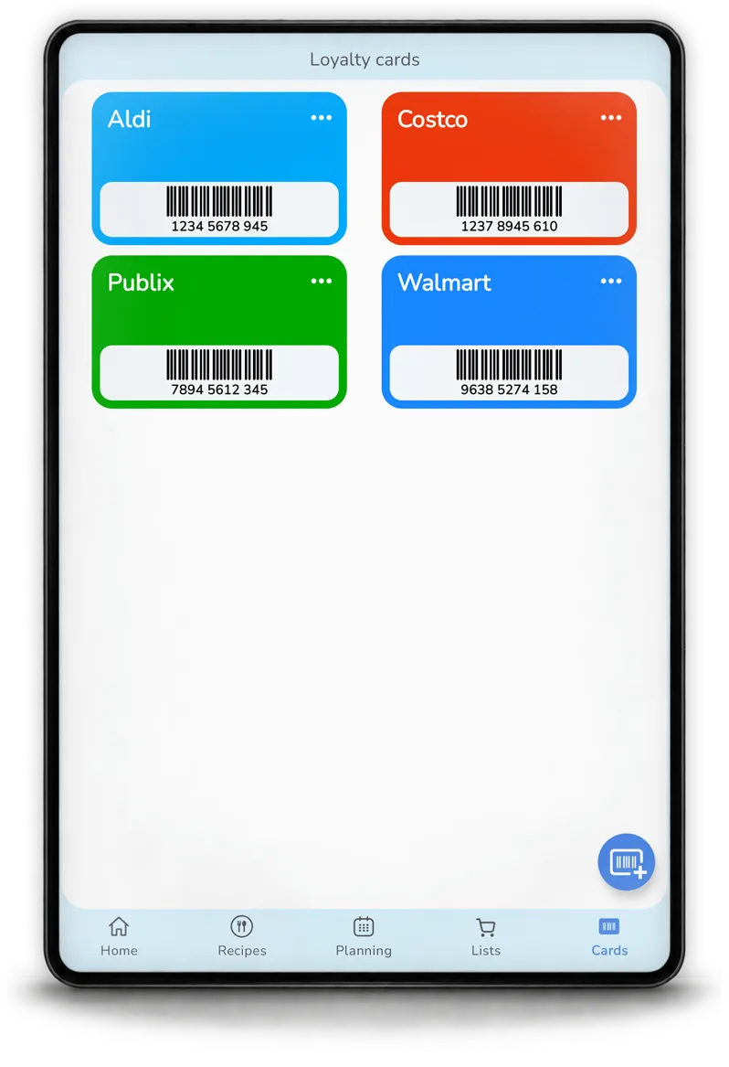 Loyalty cards stored in Mealz on tablet