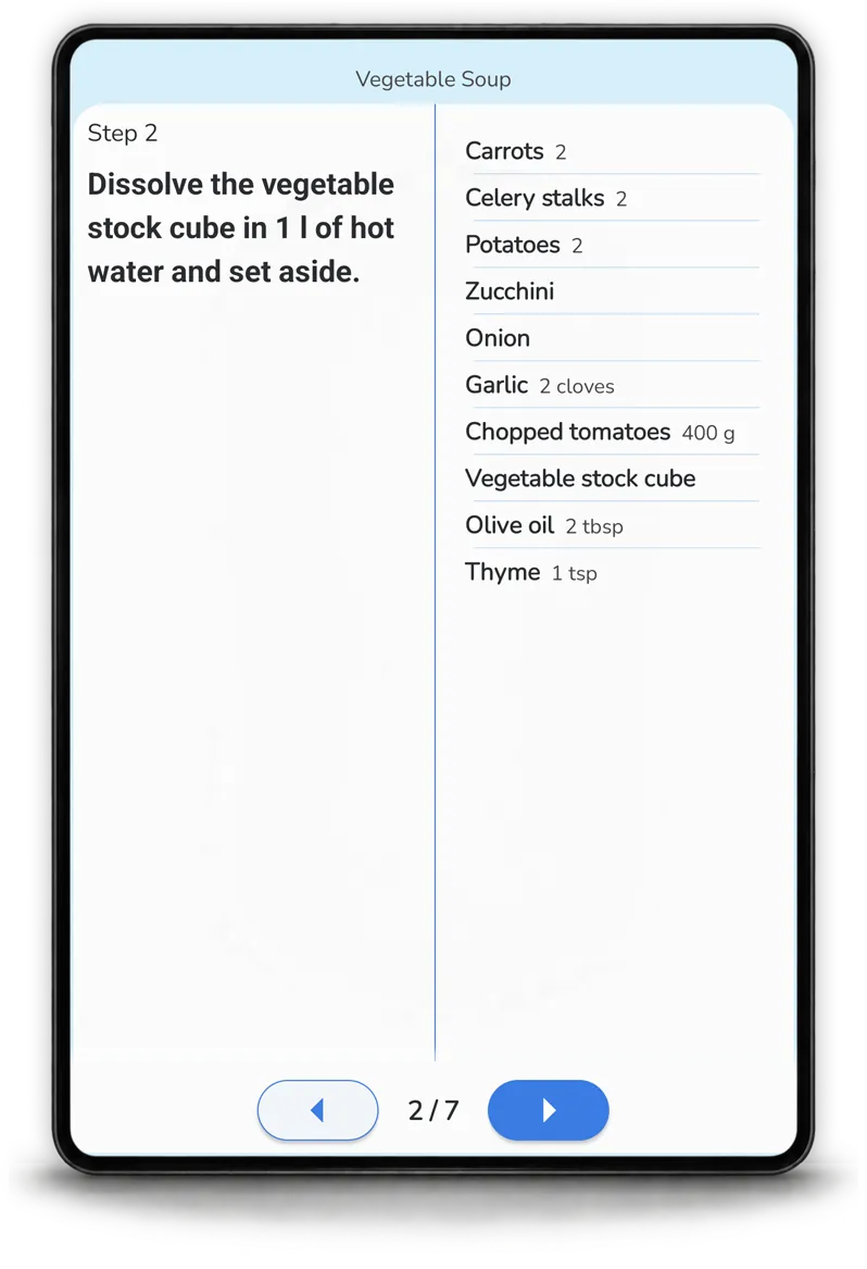 Step-by-step cooking mode on a tablet, guiding you through a recipe in Mealz