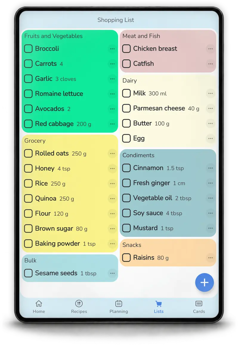 Automatic grocery list organized by aisle in Mealz on tablet