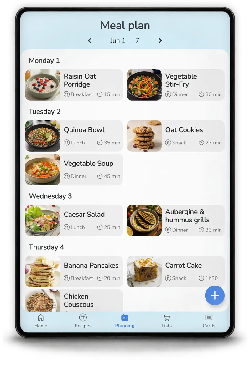 Weekly meal planner in Mealz on tablet