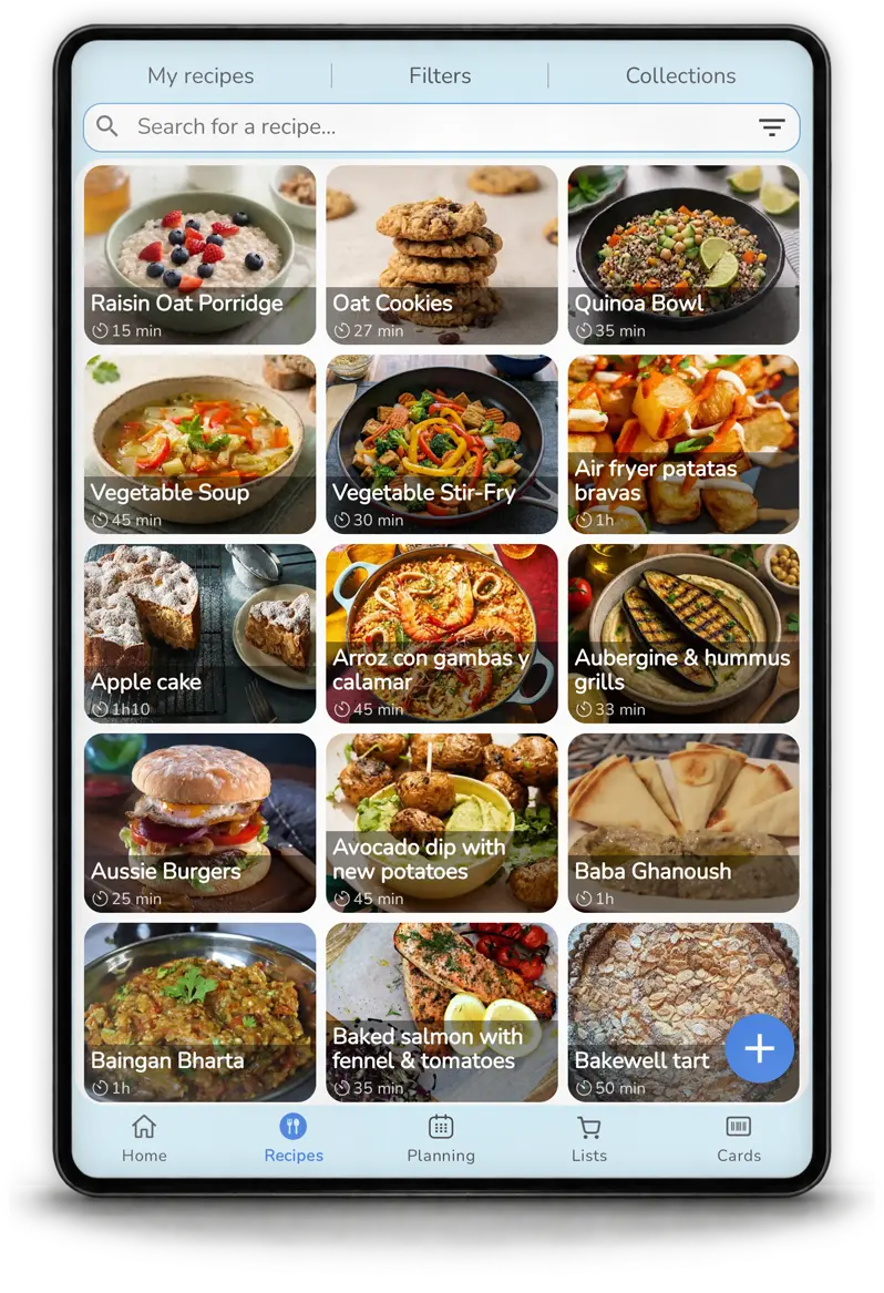 Recipe organizer in the Mealz app on tablet