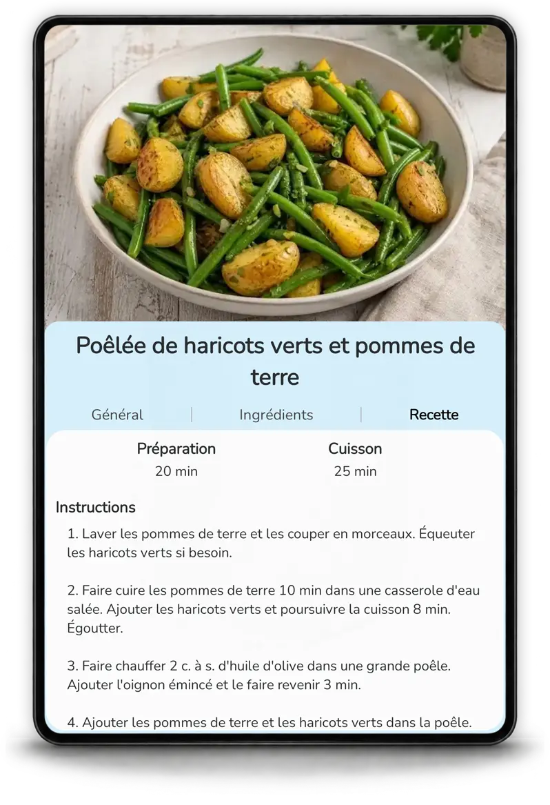 Génération de recette par intelligence artificielle dans Mealz sur tablette