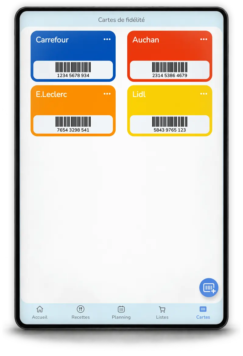 Cartes de fidélité enregistrées dans Mealz sur tablette