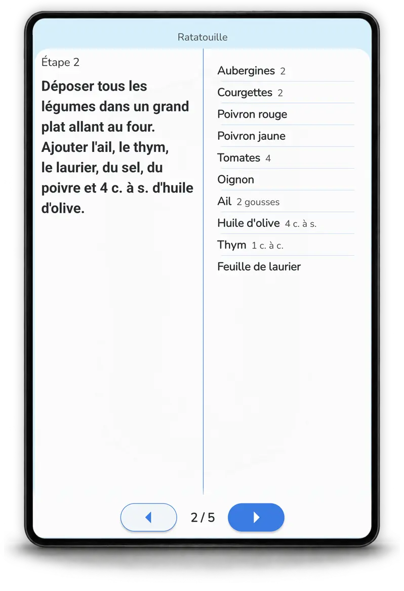 Mode pas à pas sur tablette pour suivre les instructions d’une recette dans Mealz