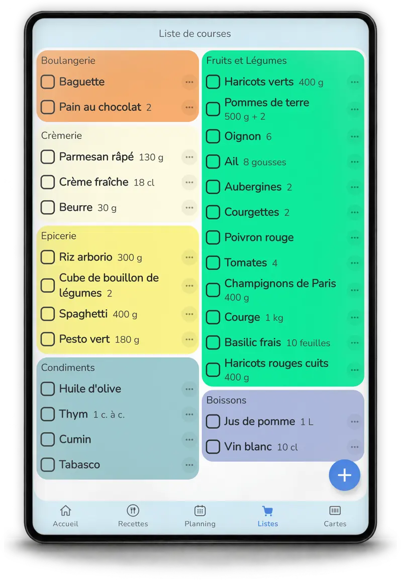 Liste de courses automatique sur tablette classée par rayon dans Mealz