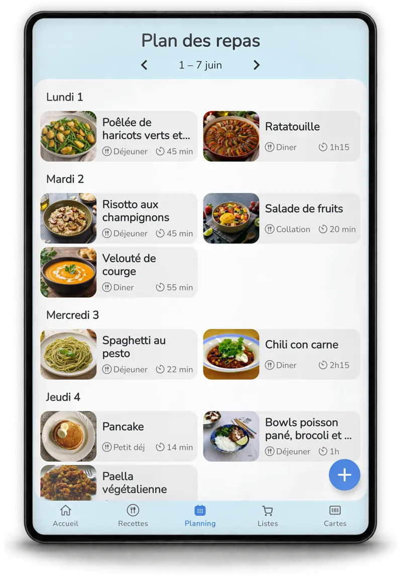 Planning de repas hebdomadaire dans Mealz sur tablette